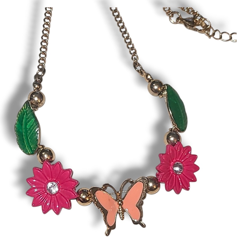 Enamel Flower Butterfly Necklace Rhinestone Gold Tone 16"-18" Adjustable Chain - Picture 2 of 3